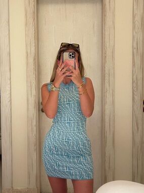 Fendi Light Blue and White FF Logo Knit Mini Dress
